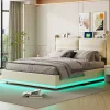 Lit rembourré 140x200cm avec chargement sans fil (USB & Type-c), lit double avec LED, velours, beige>Simple Life