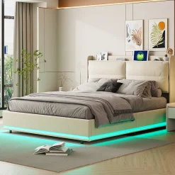 Lit rembourré 140x200cm avec chargement sans fil (USB & Type-c), lit double avec LED, velours, beige>Simple Life