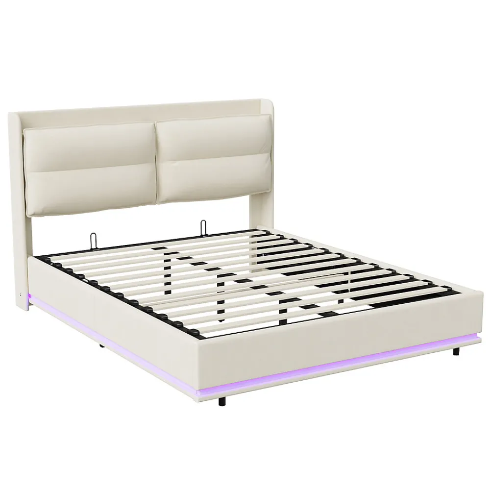 Lit rembourré 140x200cm avec chargement sans fil (USB & Type-c), lit double avec LED, velours, beige>Simple Life