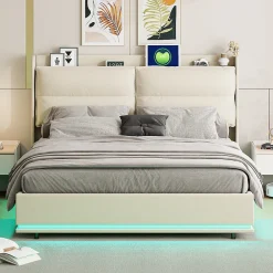 Lit rembourré 140x200cm avec chargement sans fil (USB & Type-c), lit double avec LED, velours, beige><noscript><img width=
