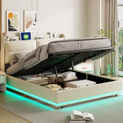 Lit rembourré 140x200cm avec chargement sans fil (USB & Type-c), lit double avec LED, velours, beige><noscript><img width=