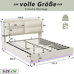 Lit rembourré 140x200cm avec chargement sans fil (USB & Type-c), lit double avec LED, velours, beige><noscript><img width=