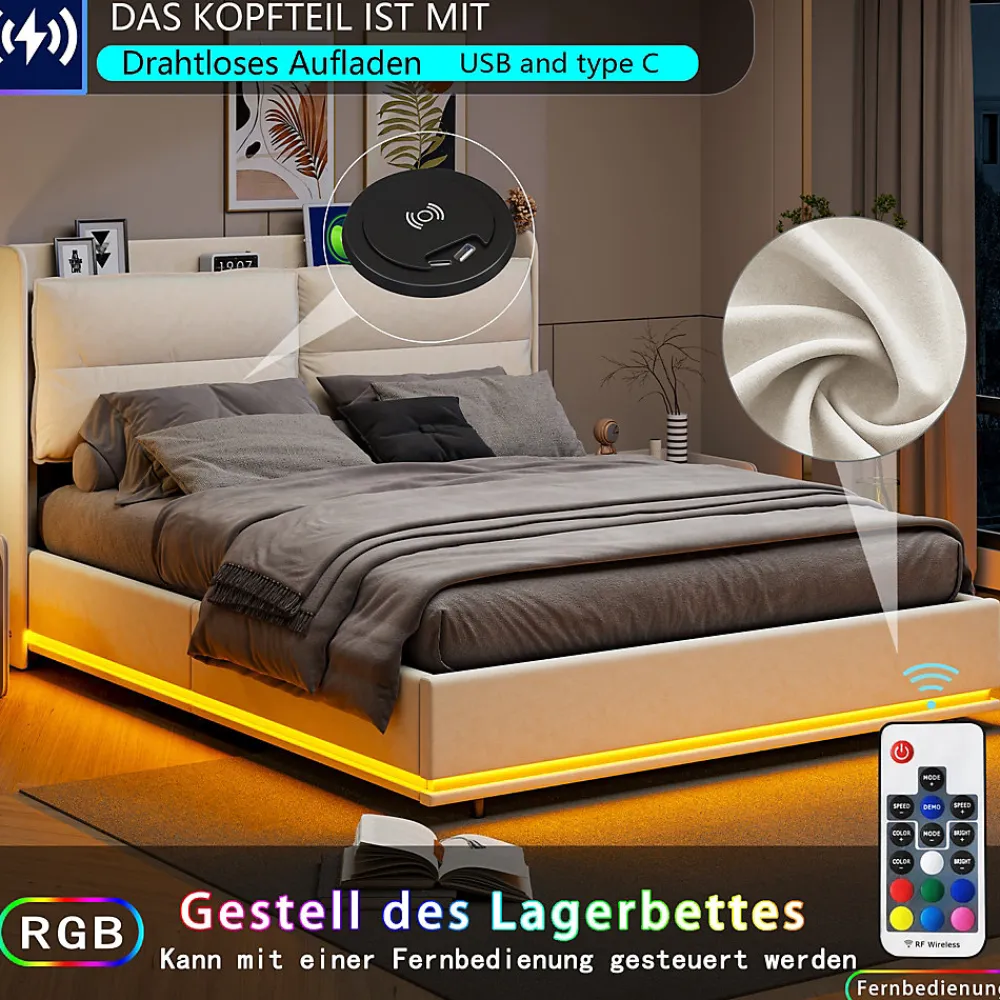 Lit rembourré 140x200cm avec chargement sans fil (USB & Type-c), lit double avec LED, velours, beige>Simple Life