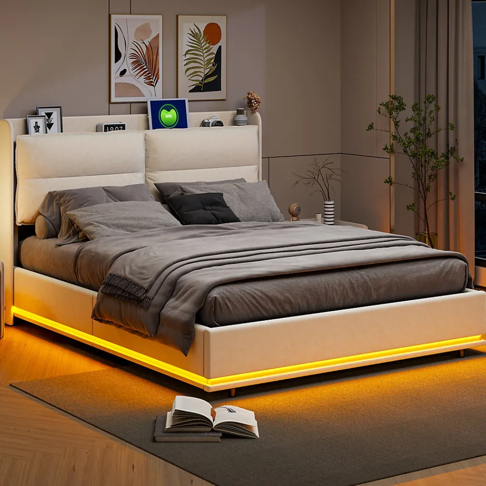 Lit rembourré 140x200cm avec chargement sans fil (USB & Type-c), lit double avec LED, velours, beige>Simple Life