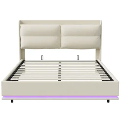 Lit rembourré 140x200cm avec chargement sans fil (USB & Type-c), lit double avec LED, velours, beige><noscript><img width=