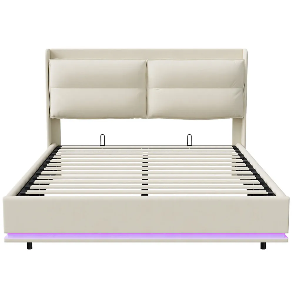 Lit rembourré 140x200cm avec chargement sans fil (USB & Type-c), lit double avec LED, velours, beige>Simple Life