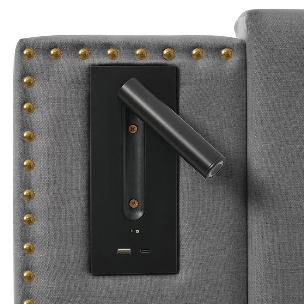 Gutent Lit rembourré 160x200cm, avec espace de rangement, lampe de lecture, design à rivets, sommier à lattes, coton, gris, sans matelas* Lit Avec Rangement|Lit Double