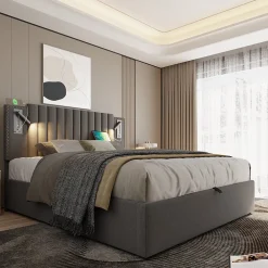 Gutent Lit rembourré 160x200cm, avec espace de rangement, lampe de lecture, design à rivets, sommier à lattes, coton, gris, sans matelas* Lit Avec Rangement|Lit Double