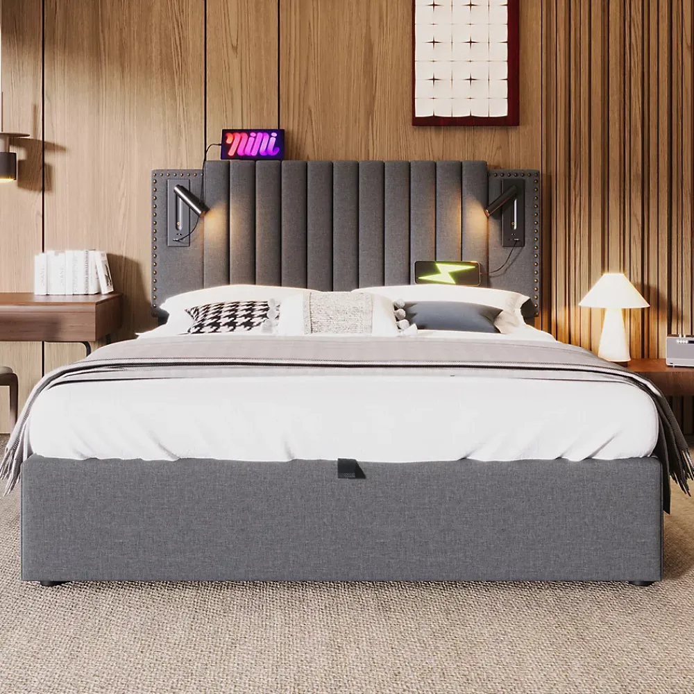 Gutent Lit rembourré 160x200cm, avec espace de rangement, lampe de lecture, design à rivets, sommier à lattes, coton, gris, sans matelas* Lit Avec Rangement|Lit Double