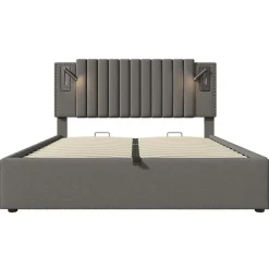 Gutent Lit rembourré 160x200cm, avec espace de rangement, lampe de lecture, design à rivets, sommier à lattes, coton, gris, sans matelas* Lit Avec Rangement|Lit Double