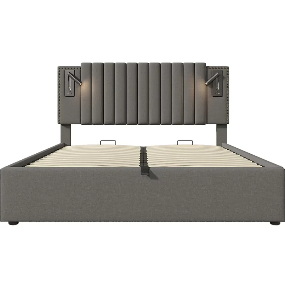 Gutent Lit rembourré 160x200cm, avec espace de rangement, lampe de lecture, design à rivets, sommier à lattes, coton, gris, sans matelas* Lit Avec Rangement|Lit Double