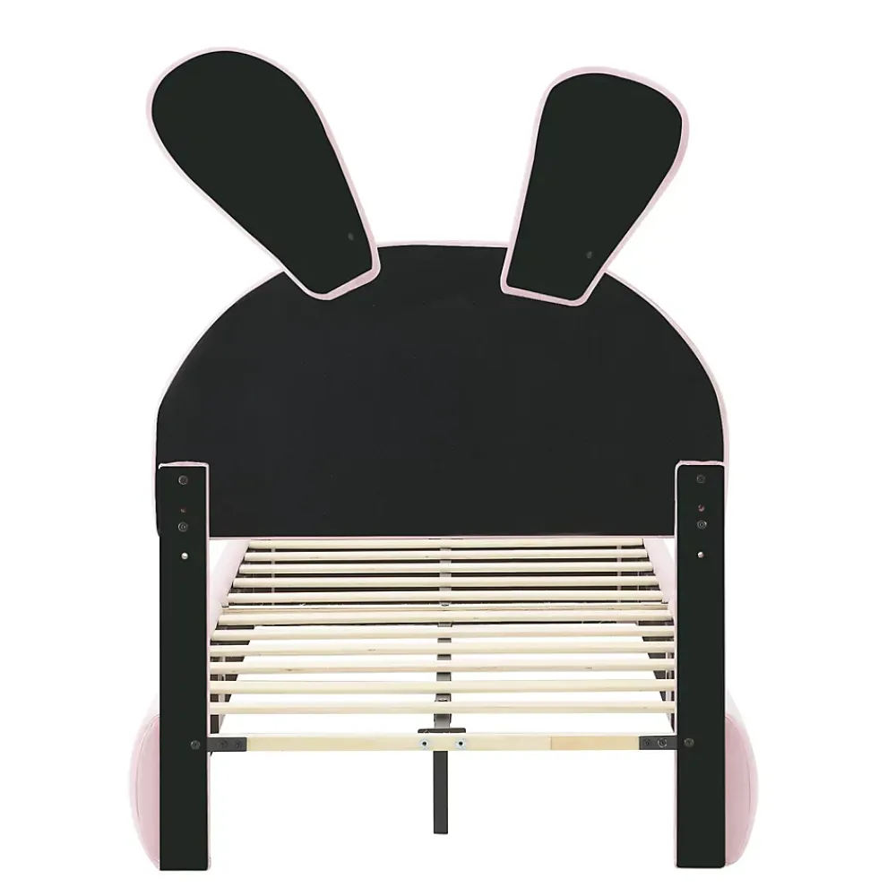 Simple Life Lit rembourré 90x200cm avec oreilles de lapin, LED chaude réglable, 2 poufs de rangement, velours rose* Lit Coffre