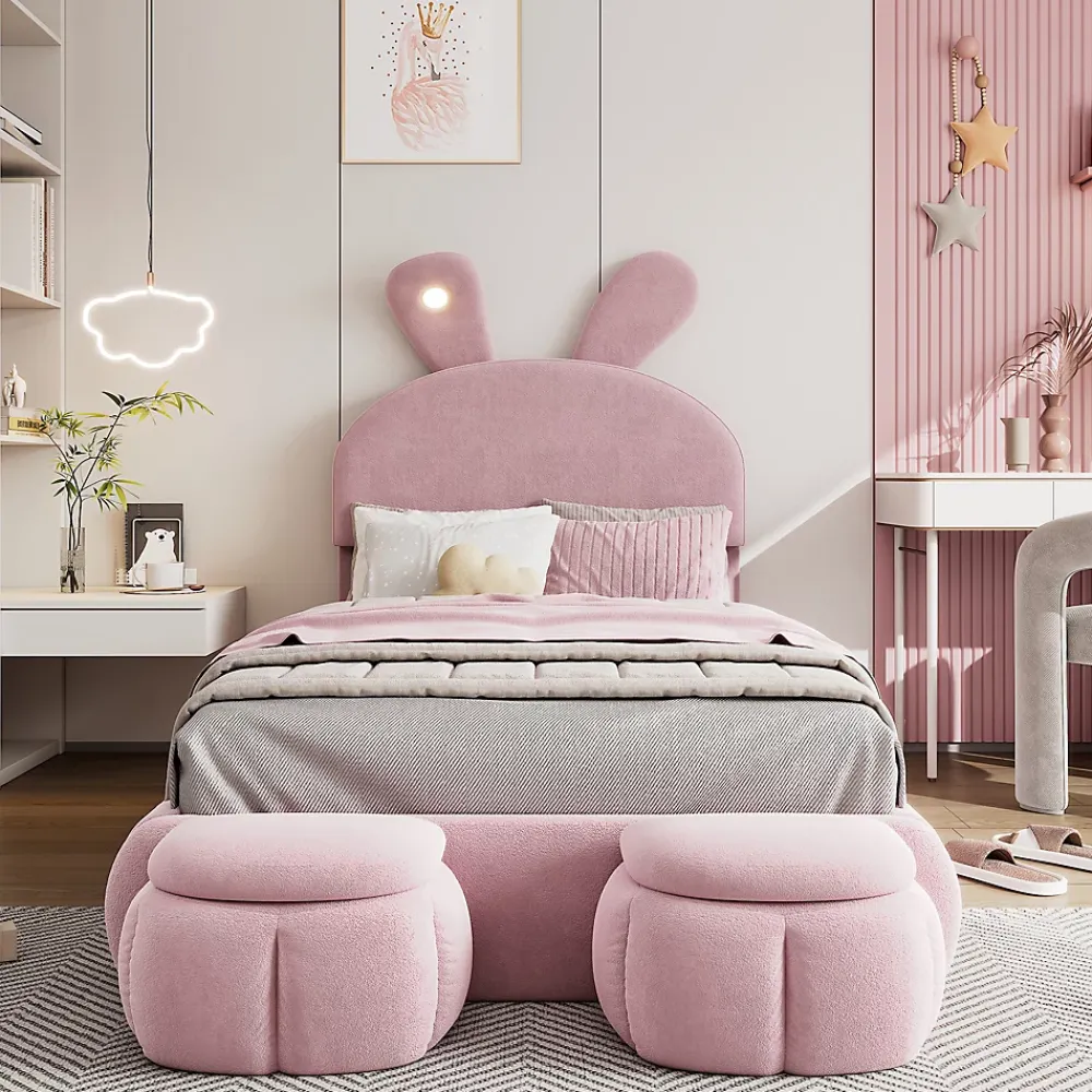 Simple Life Lit rembourré 90x200cm avec oreilles de lapin, LED chaude réglable, 2 poufs de rangement, velours rose* Lit Coffre
