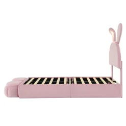 Simple Life Lit rembourré 90x200cm avec oreilles de lapin, LED chaude réglable, 2 poufs de rangement, velours rose* Lit Coffre