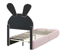 Simple Life Lit rembourré 90x200cm avec oreilles de lapin, LED chaude réglable, 2 poufs de rangement, velours rose* Lit Coffre