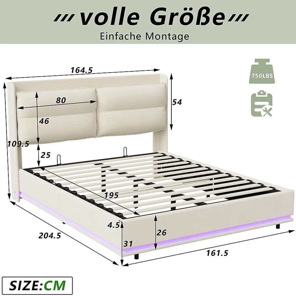 Simple Life Lit rembourré 160x200cm avec recharge sans fil (USB et Type-C), lit double avec LED, velours, beige* Lit Coffre