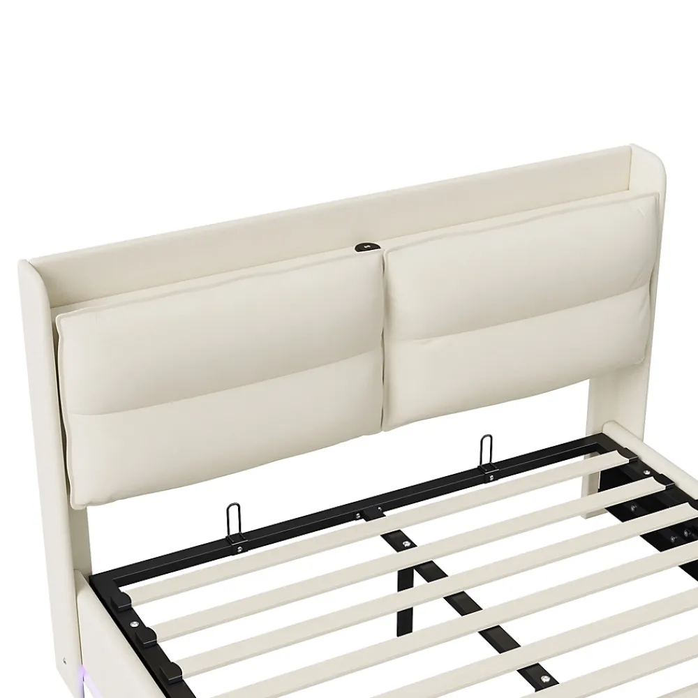 Simple Life Lit rembourré 160x200cm avec recharge sans fil (USB et Type-C), lit double avec LED, velours, beige* Lit Coffre