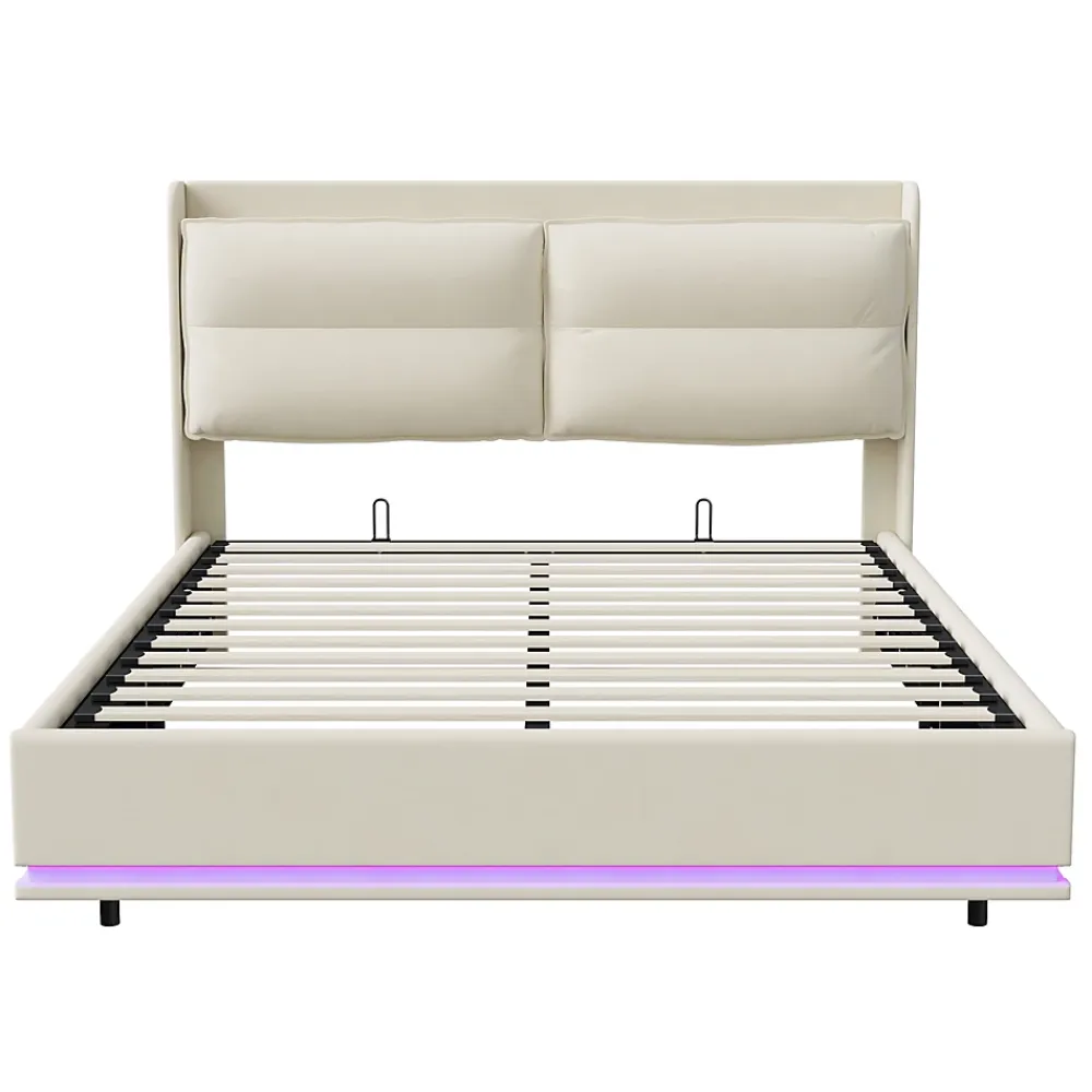 Simple Life Lit rembourré 160x200cm avec recharge sans fil (USB et Type-C), lit double avec LED, velours, beige* Lit Coffre