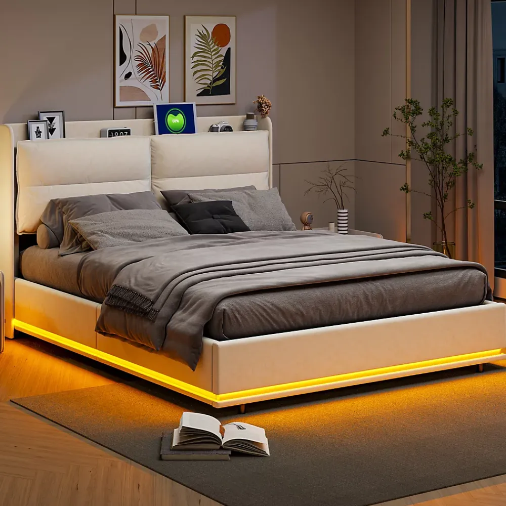Simple Life Lit rembourré 160x200cm avec recharge sans fil (USB et Type-C), lit double avec LED, velours, beige* Lit Coffre