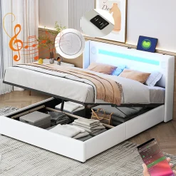 Lit rembourré 140x200cm avec sommier à lattes lit barre lumineuse à led lecteur bluetooth et recharge usb lit double cuir pu blanc>Gutent