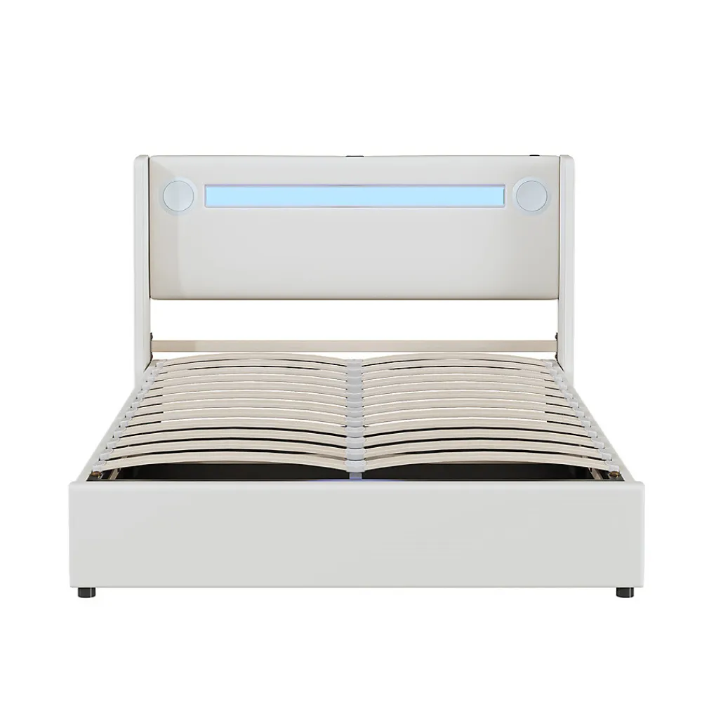 Lit rembourré 140x200cm avec sommier à lattes lit barre lumineuse à led lecteur bluetooth et recharge usb lit double cuir pu blanc>Gutent