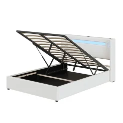 Lit rembourré 140x200cm avec sommier à lattes lit barre lumineuse à led lecteur bluetooth et recharge usb lit double cuir pu blanc><noscript><img width=