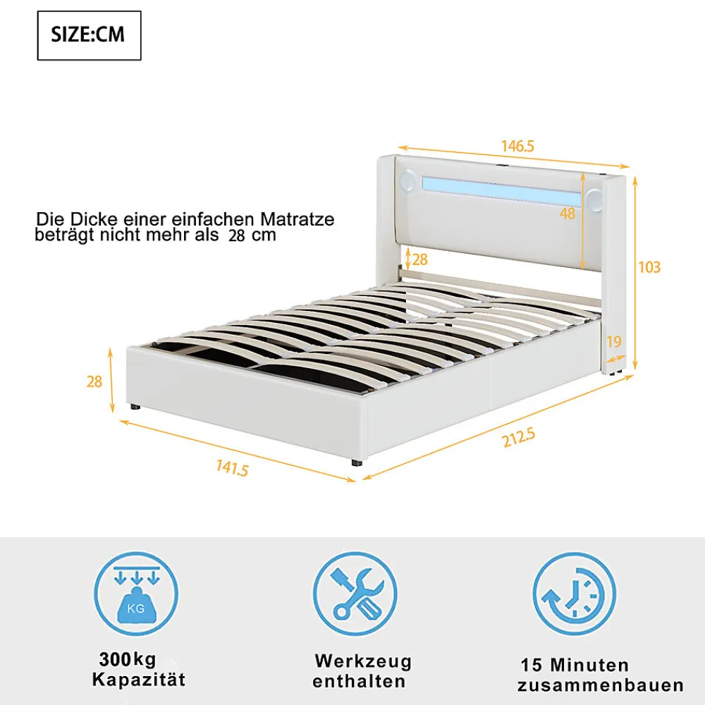 Lit rembourré 140x200cm avec sommier à lattes lit barre lumineuse à led lecteur bluetooth et recharge usb lit double cuir pu blanc>Gutent