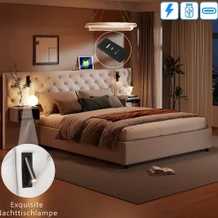 Simple Life Lit Rembourré 140x200cm avec USB et lampe de lecture, lit double avec rangement, velours, beige* Lit Coffre