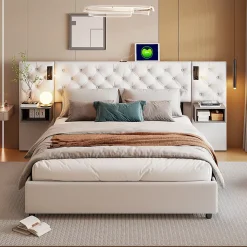Simple Life Lit Rembourré 140x200cm avec USB et lampe de lecture, lit double avec rangement, velours, beige* Lit Coffre
