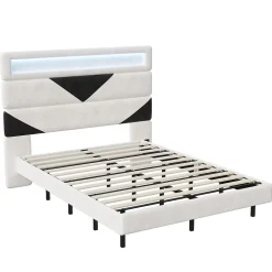 Lit Rembourré 160x200cm avec USB & LED,lit coffre avec tête de lit triangulaire,velours,blanc & noir>Simple Life Online