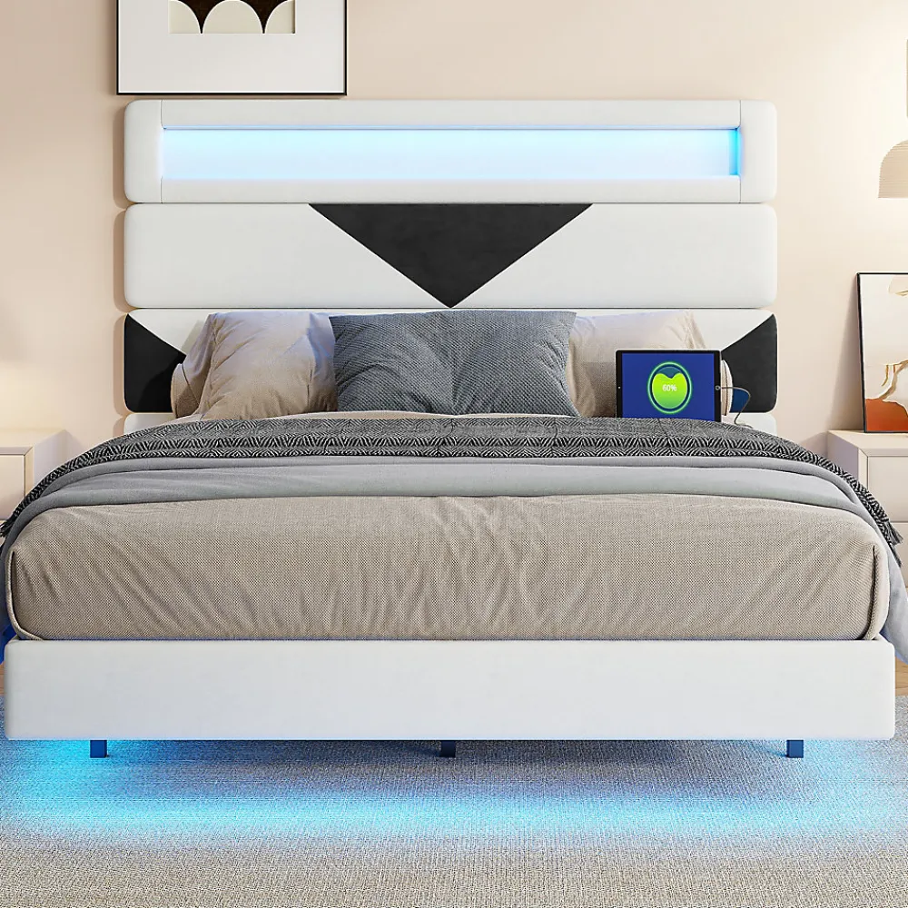 Lit Rembourré 160x200cm avec USB & LED,lit coffre avec tête de lit triangulaire,velours,blanc & noir>Simple Life Online