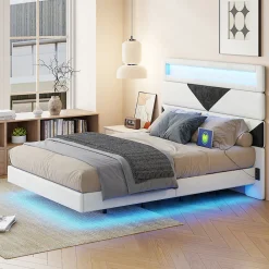 Lit Rembourré 160x200cm avec USB & LED,lit coffre avec tête de lit triangulaire,velours,blanc & noir><noscript><img width=