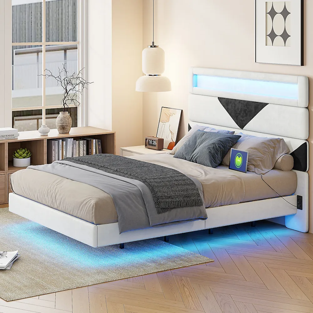 Lit Rembourré 160x200cm avec USB & LED,lit coffre avec tête de lit triangulaire,velours,blanc & noir>Simple Life Online
