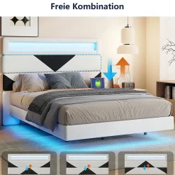 Lit Rembourré 160x200cm avec USB & LED,lit coffre avec tête de lit triangulaire,velours,blanc & noir><noscript><img width=