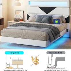 Lit Rembourré 160x200cm avec USB & LED,lit coffre avec tête de lit triangulaire,velours,blanc & noir><noscript><img width=