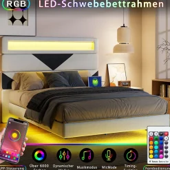 Lit Rembourré 160x200cm avec USB & LED,lit coffre avec tête de lit triangulaire,velours,blanc & noir><noscript><img width=