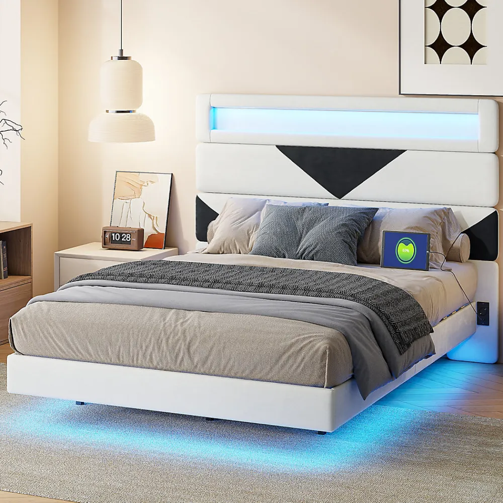 Lit rembourré 160x200cm avec USB et LED, lit coffre avec tête de lit triangulaire, velours, blanc et noir>Simple Life Sale
