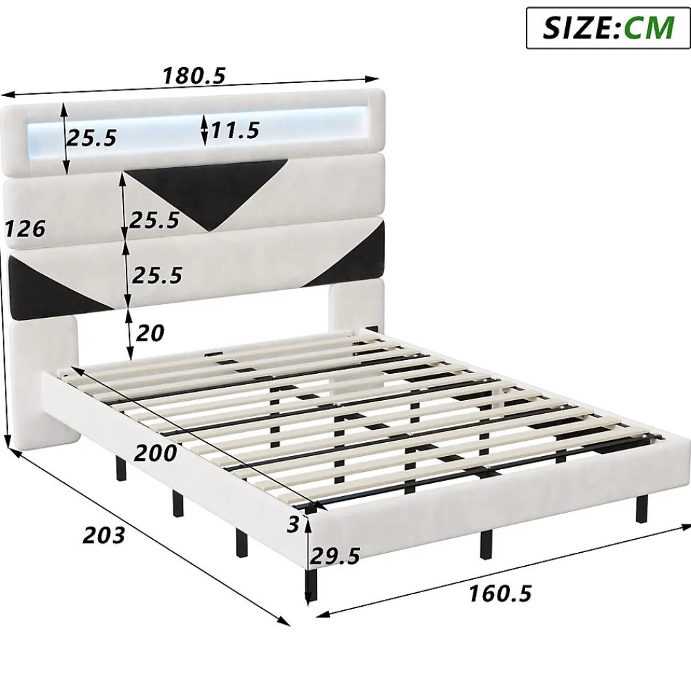 Lit rembourré 160x200cm avec USB et LED, lit coffre avec tête de lit triangulaire, velours, blanc et noir>Simple Life Sale