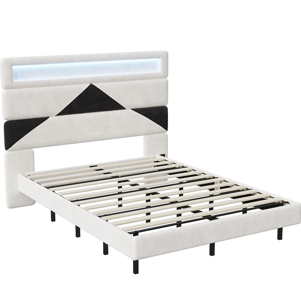 Lit rembourré 160x200cm avec USB et LED, lit coffre avec tête de lit triangulaire, velours, blanc et noir>Simple Life Sale
