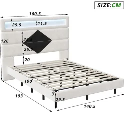 Lit rembourré 140x190cm avec USB, lit double avec LED,lit coffre avec tête de lit en diamant,velours><noscript><img width=