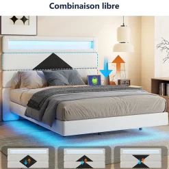 Lit rembourré 140x190cm avec USB, lit double avec LED,lit coffre avec tête de lit en diamant,velours><noscript><img width=