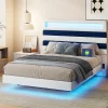 Lit Rembourré 140x190cm avec USB, lit d'adolescent, lit double avec LED, velours, blanc et bleu>Simple Life Best