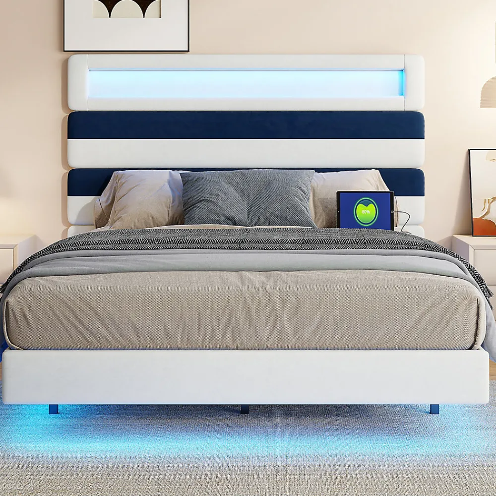 Lit Rembourré 140x190cm avec USB, lit d'adolescent, lit double avec LED, velours, blanc et bleu>Simple Life Best