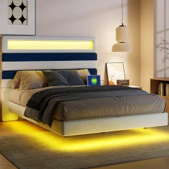 Lit Rembourré 140x190cm avec USB, lit d'adolescent, lit double avec LED, velours, blanc et bleu><noscript><img width=