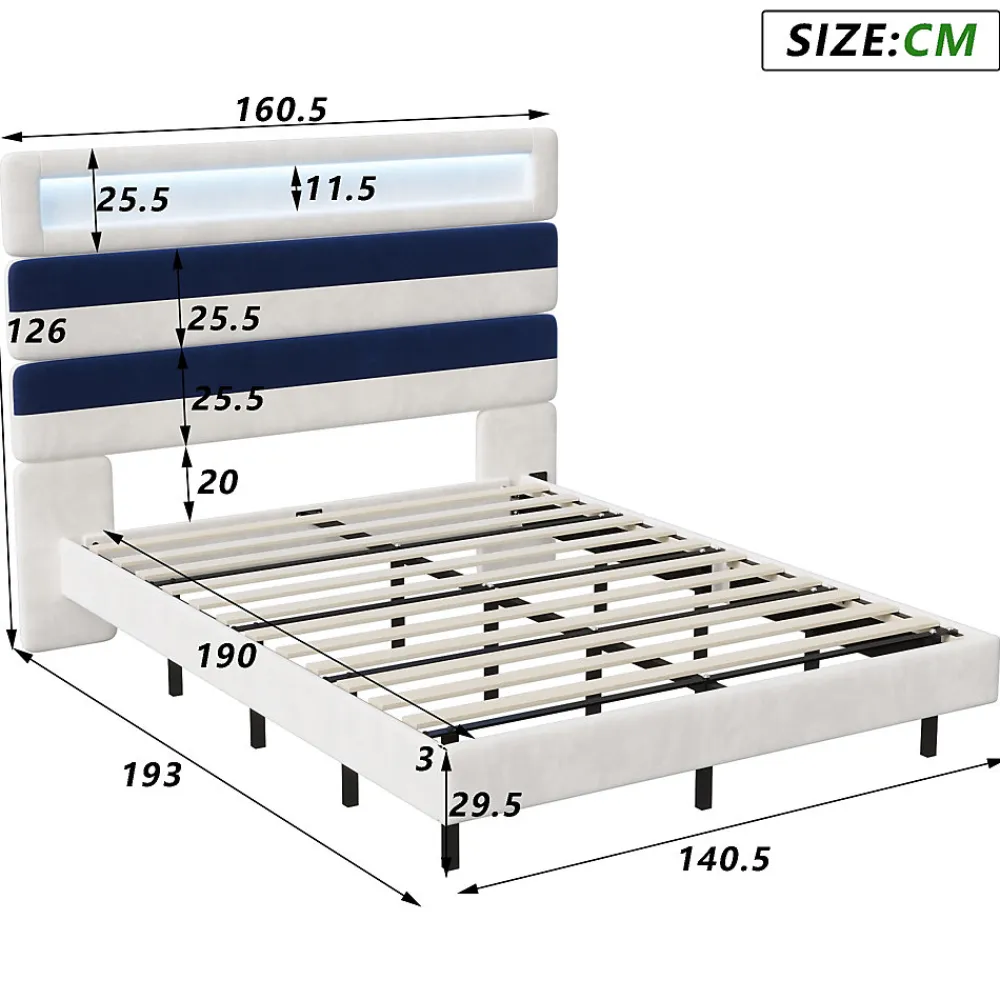 Lit Rembourré 140x190cm avec USB, lit d'adolescent, lit double avec LED, velours, blanc et bleu>Simple Life Best
