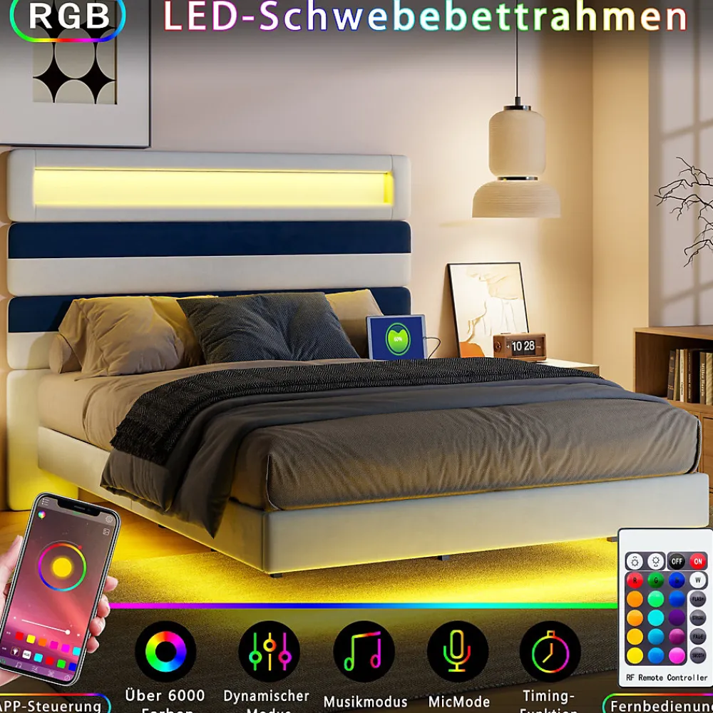 Lit Rembourré 140x190cm avec USB, lit d'adolescent, lit double avec LED, velours, blanc et bleu>Simple Life Best
