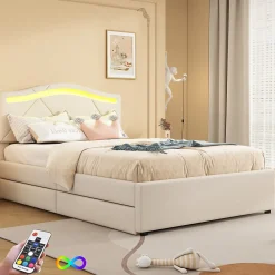 Lit rembourré 90x200cm beige avec télécommande LED, tête réglable et 2 tiroirs, style minimaliste>Simple Life Hot