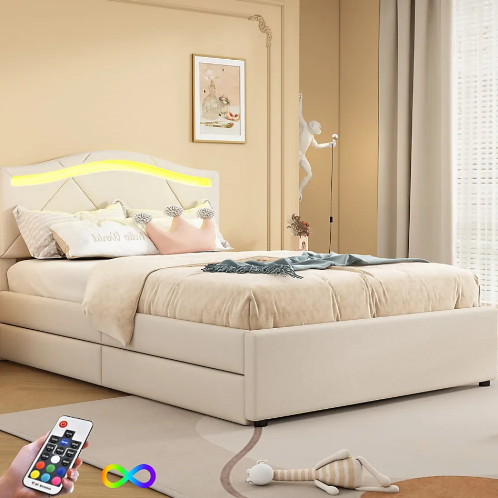 Lit rembourré 90x200cm beige avec télécommande LED, tête réglable et 2 tiroirs, style minimaliste>Simple Life Hot
