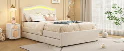 Lit rembourré 90x200cm beige avec télécommande LED, tête réglable et 2 tiroirs, style minimaliste><noscript><img width=
