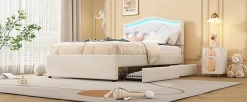 Lit rembourré 90x200cm beige avec télécommande LED, tête réglable et 2 tiroirs, style minimaliste><noscript><img width=